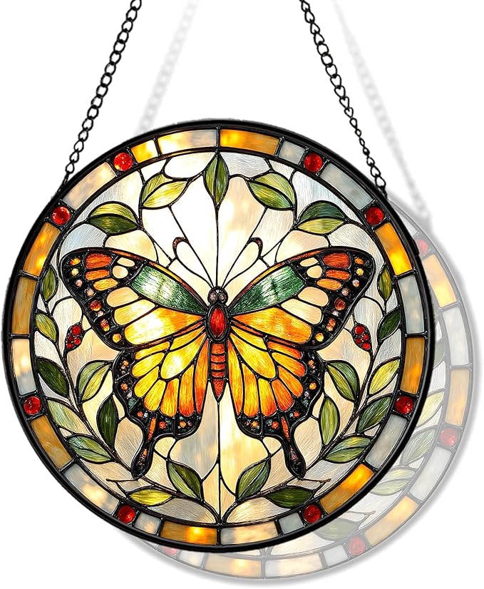 Butterfly Stained Glass Suncather for Window Hanging, 9'' Yellow Butterfly Ornament Gift for Women, Nature-Inspired Home Decor Gift for Mom, Grandma, Mother's Day (Yellow, 9'')