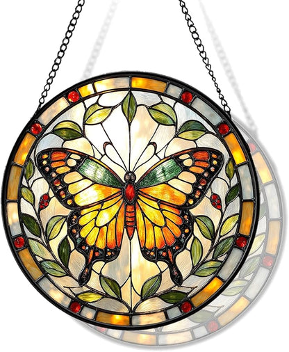 Butterfly Stained Glass Suncather for Window Hanging, 9'' Yellow Butterfly Ornament Gift for Women, Nature-Inspired Home Decor Gift for Mom, Grandma, Mother's Day (Yellow, 9'')