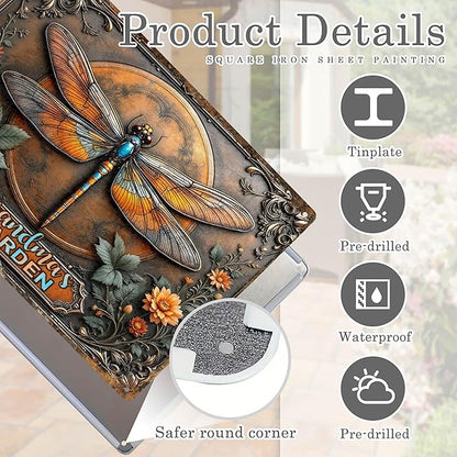 Custom Garden Signs Personalized Metal Tin Sign for Women, Retro Dragonfly Metal Sign for Outdoor, Patio, Yard Rustic Home Decor Gift for Mothers Day, Grandmas, and Gardening Lovers