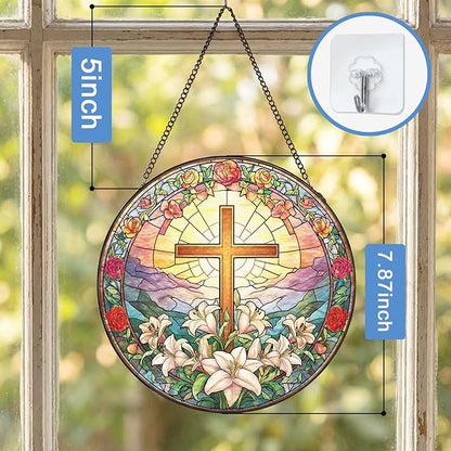 Stained Glass Sun Catcher Window Hanging - Jesus Easter Lily Flower Design, Well Made Indoor Home Decor | Perfect Christian Gifts for Mother's Day, Birthday, Christmas for Women, Mom (Sun) 7.8in