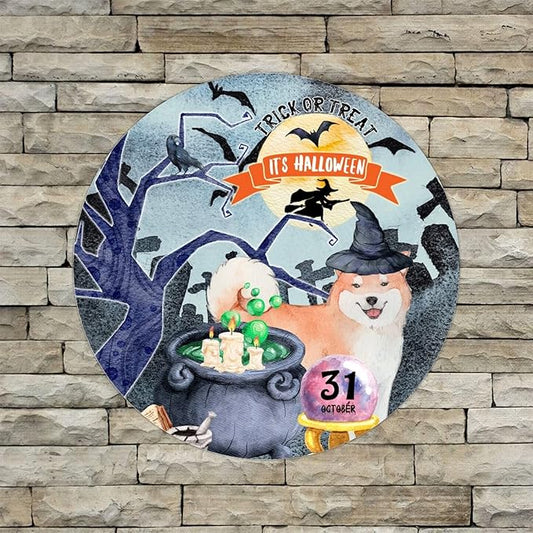 Retro Metal Sign 12"x12",Happy Halloween Scary Night Grave Witch Bats Trick Or Treat Dog Aluminum Tin Metal Sign for Home Living Room Bedroom Garden Farm Patio Decor Wall Art Poster