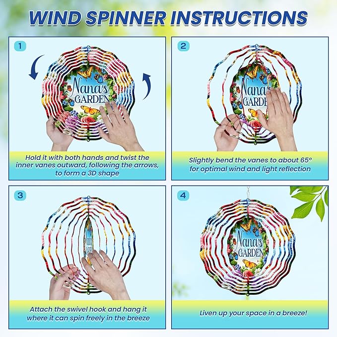 FLAGWIX Garden Gifts for Grandma - Nana's Garden 3D Stainless Steel Metal Wind Spinners 12 in - Gardening Grandmother Birthday Gifts for Women Nana Gigi, Nana Gift Ideas