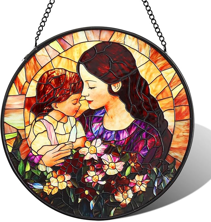Mom Stained Glass Window Hanging Suncatcher 7.8 Inch Sun Catcher Colorful Glass Panel Gift for Mom Sun Catcher Wall Art Home Decoration for Birthday Garden Window Home