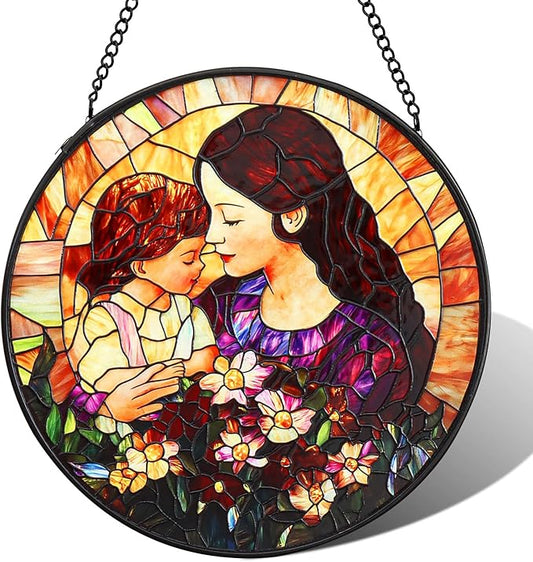 Mom Stained Glass Window Hanging Suncatcher 7.8 Inch Sun Catcher Colorful Glass Panel Gift for Mom Sun Catcher Wall Art Home Decoration for Birthday Garden Window Home