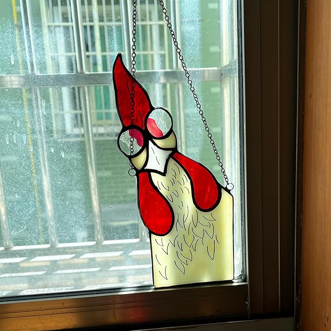 Peeping Rooster Stained Glass Window Hanging, Chicken Gifts for Women Mom Grandma Wife, Chicken Kitchen Decor, Funny Window Corner Hanging Rooster Decor Staring