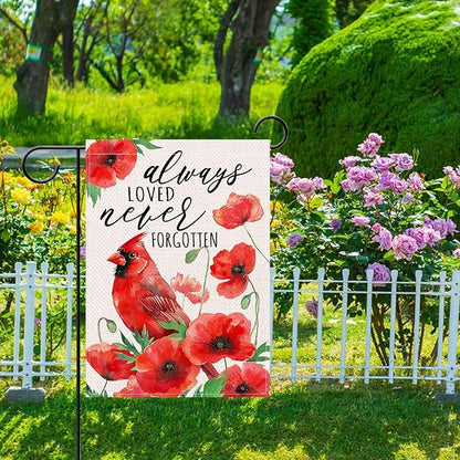 Artofy Spring Summer Cardinal Bird Memorial Small Decorative Garden Flag, Always Loved Never Forgotten Poppy Flower Yard Lawn Outside Decor, Cemetery Burlap Outdoor Home Decoration Double Sided 12x18
