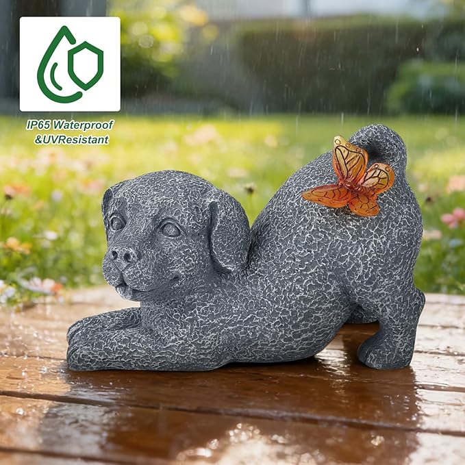 Solar Dog with Butterfly Light Statue, Outdoor Resin Puppy Garden Decor, Solar Powered Dog Figurine for Yard Patio Lawn, Waterproof Memorial Gift for Pet Lovers