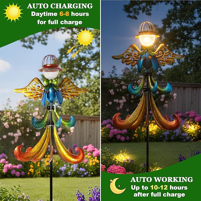 Yard Garden Wind Spinners - Large Outdoor Metal Wind Spinners with Stake, Yard Art Lawn Garden Decor Colorful Angel-Shaped Wind Vane (19.5" W x 79" H)