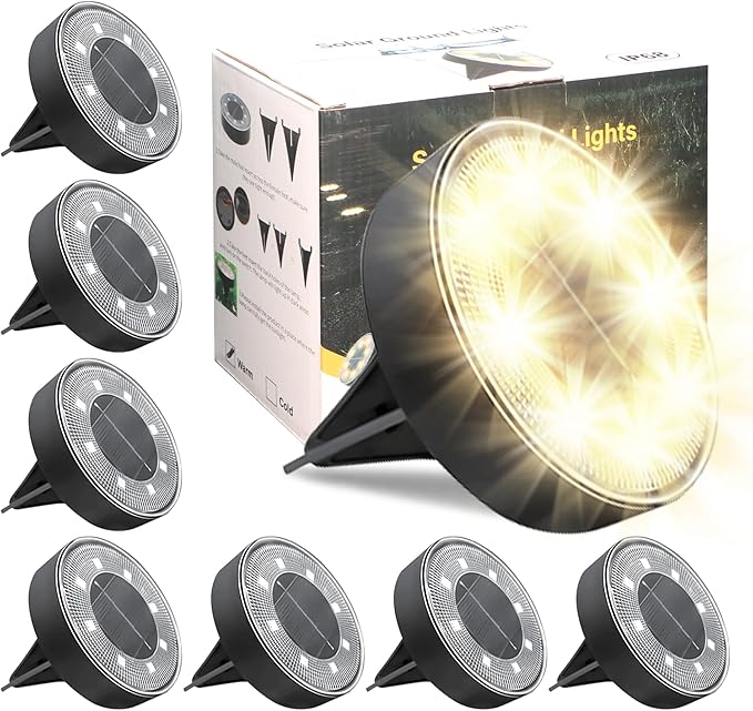 Siatom Solar Ground Lights 8 Pack, IP68 Waterproof Solar In-Ground Light for Outdoor, Flat Landscape Lighting, Garden Disc Light for Pathway, Walkway, and Yard - 8 Pcs (Warm White)