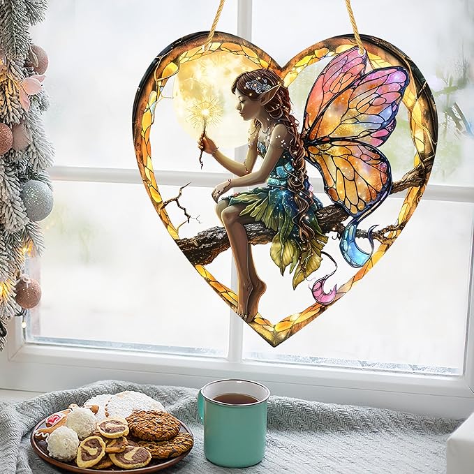 1PC Flower Fairy Acrylic Stained Glass Suncatcher Nature Heart-Shaped Magic and Butterfly Girls Suncatcher Hanging Decoration with Cord SunCatchers for Window Decor Outdoor Garden Decor Gift (Yellow)