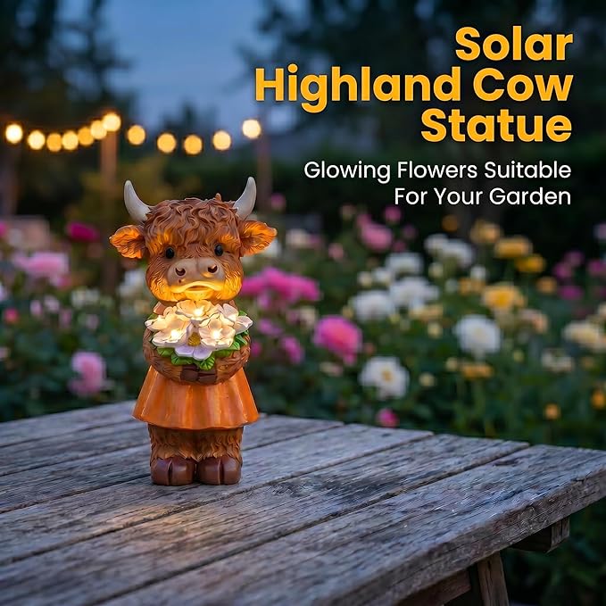 Solar-Powered Resin Highland Cow Statue with Orange Skirt & Light-Up Purple Flower Bouquet - Garden Decor for Patio, Lawn, Porch or Entryway