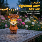 Solar-Powered Resin Highland Cow Statue with Orange Skirt & Light-Up Purple Flower Bouquet - Garden Decor for Patio, Lawn, Porch or Entryway