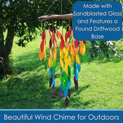 Blue Handworks Deluxe Rainbow Waterfall & Driftwood Chime, Sandblasted Glass and Found Wood Handcrafted Wind Chime