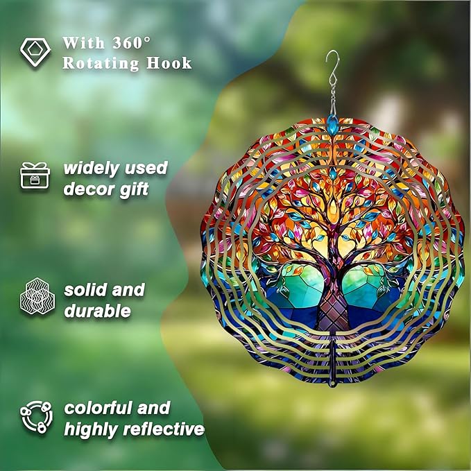10 Inch Tree of Life Wind Spinner, 3D Stainless Steel Hanging Kinetic Wind Sculpture for Home Garden Yard Art Lawn Balcony Window Porch Outdoor Indoor Decor