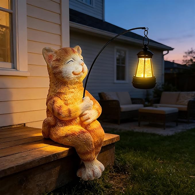 Teaeeno Cat Outdoor Statues for Garden Outside Decor with Solar Lantern Clearance for Yard Art Lawn Ornaments Porch Patio Balcony Home House for Grandma Mom Women