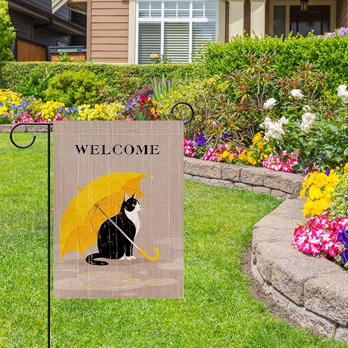 Dyrenson Welcome Spring Summer Tuxedo Cat Decorative Garden Flag, Pet Yellow Umbrella Yard Outside Home Decorations Cat Lover Gifts, Seasonal Burlap Outdoor Small Decor Double Sided 12 x 18