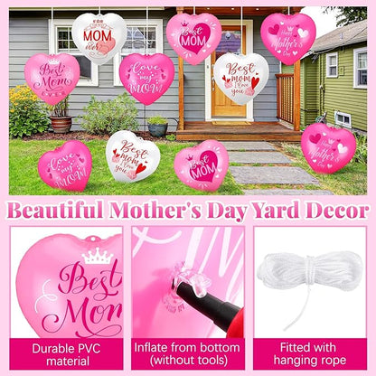 18 Pcs Happy Mother's Day Inflatable Heart Yard Decorations Large Mother's Day Heart Inflatable Hanging Ornament Giant PVC Outdoor Decoration for Mothers Day Garden Lawn Party