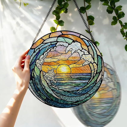 Stained Glass Window Hanging, 8 Inch Ocean Wave Suncatcher, Sun Catchers Indoor Window, Beach Coastal Suncatchers for Windows Hanging, Spring Home Garden Decor Panel, Beach Lover Gifts for Women Mom