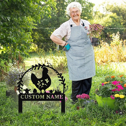 Personalized Metal Chicken Garden Signs with Stake, Custom Garden Signs for Outside Waterproof, Customized Name Sign Yard Lawn Gardens Decor Gardening Gifts for Moms Grandmas Gardeners