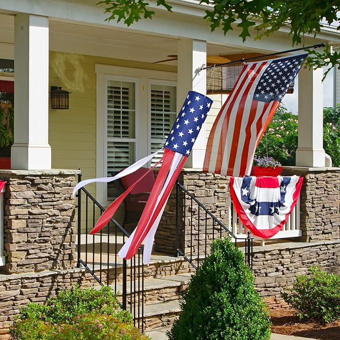 2 Pack American Flag Windsock, 40 Inch USA 4th of July Decorations Outdoor, Fade Resistant Stars & Stripes Patriotic Decor, Red White and Blue Wind Socks for Outside Memorial Day Yard Garden Decor