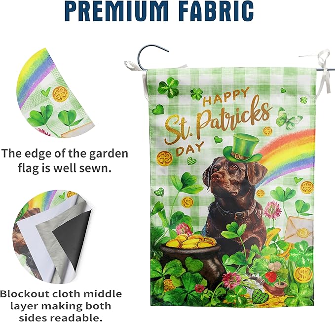 Chocolate Lab St Patricks Day Garden Flag Labrador Dog St Patrick's Day Yard Flags for Outside 12x18 Double Sided Buffalo Plaid Shamrock Flag Small Outdoor Rainbow St Patrick's Decor