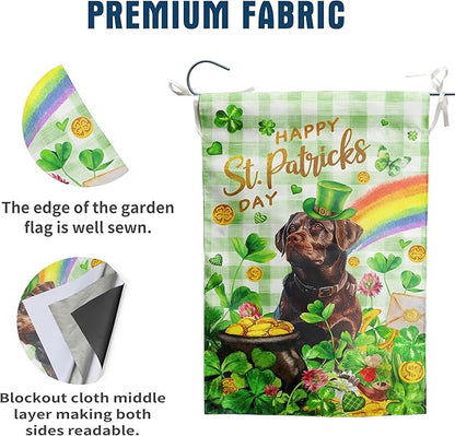 Chocolate Lab St Patricks Day Garden Flag Labrador Dog St Patrick's Day Yard Flags for Outside 12x18 Double Sided Buffalo Plaid Shamrock Flag Small Outdoor Rainbow St Patrick's Decor