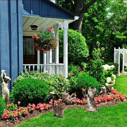 Metal Garden Stakes Decor,Cute Cats Playing with Butterflies Stakes, YGarden Statues Bird Repellent Cat Decorative Garden Stakes for Yard, Garden, Lawn Outdoor Decorations Set of 2