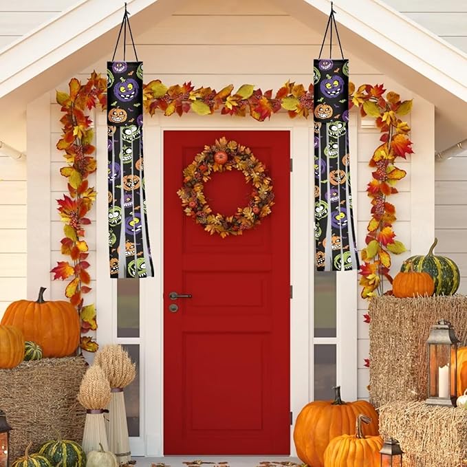 Halloween Pumpkin Windsock Outdoor Hanging Durable Easy to Assemble Polyester Fabric Front Home Garden Yard Patio Balcony Christmas Decoration (Red)