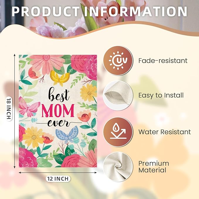 Mother's Day Garden Flags for Outside, Best MON Ever Floral Yard Decoration, Small Gift for Mom Grandmom, Seasonal Outdoor Decor for Farmhouse Summer Holiday,12x18 Inch Double Sided