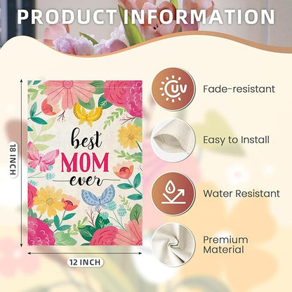 Mother's Day Garden Flags for Outside, Best MON Ever Floral Yard Decoration, Small Gift for Mom Grandmom, Seasonal Outdoor Decor for Farmhouse Summer Holiday,12x18 Inch Double Sided