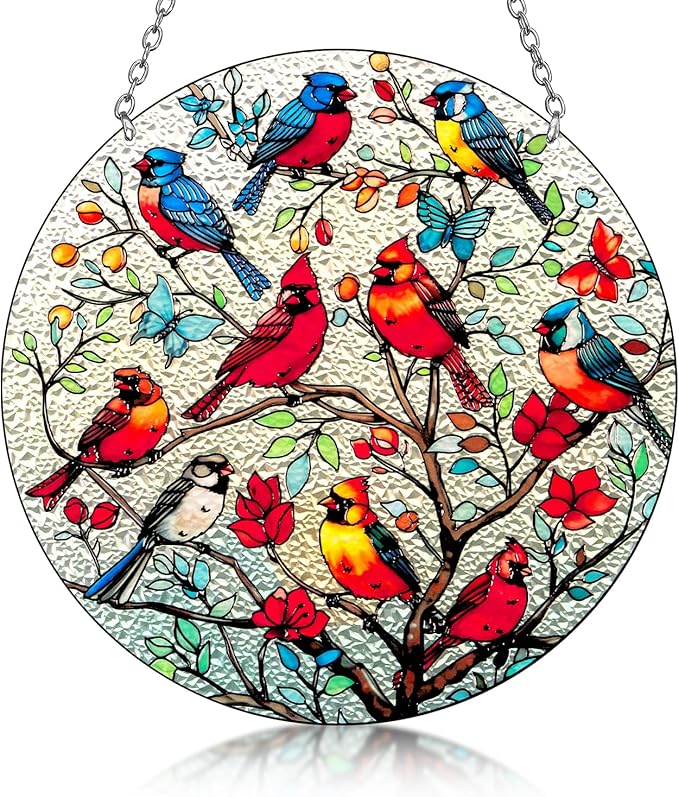 Large Size Cardinal Stained Glass Window Hanging, Cardinal Suncatcher Garden Decor, Hand Painted Red Bird Window Suncatchers, 8.6in Memorial Ornament for Bird Lovers Women