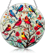 Large Size Cardinal Stained Glass Window Hanging, Cardinal Suncatcher Garden Decor, Hand Painted Red Bird Window Suncatchers, 8.6in Memorial Ornament for Bird Lovers Women