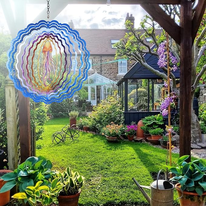 AITENISEN Jellyfish Wind Spinners, 12 inch 3D Stainless Steel Hanging Wind Spinner, Kinetic Sculpture, Blue, Marine Life, Garden Decor