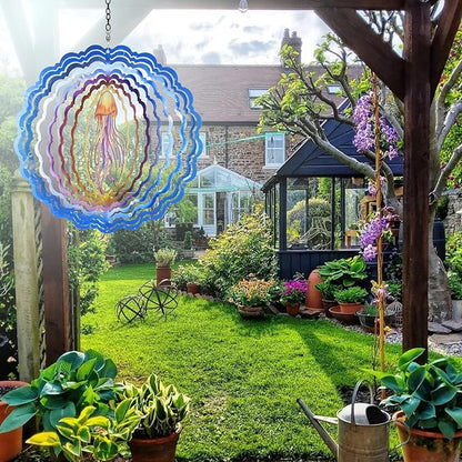 AITENISEN Jellyfish Wind Spinners, 12 inch 3D Stainless Steel Hanging Wind Spinner, Kinetic Sculpture, Blue, Marine Life, Garden Decor