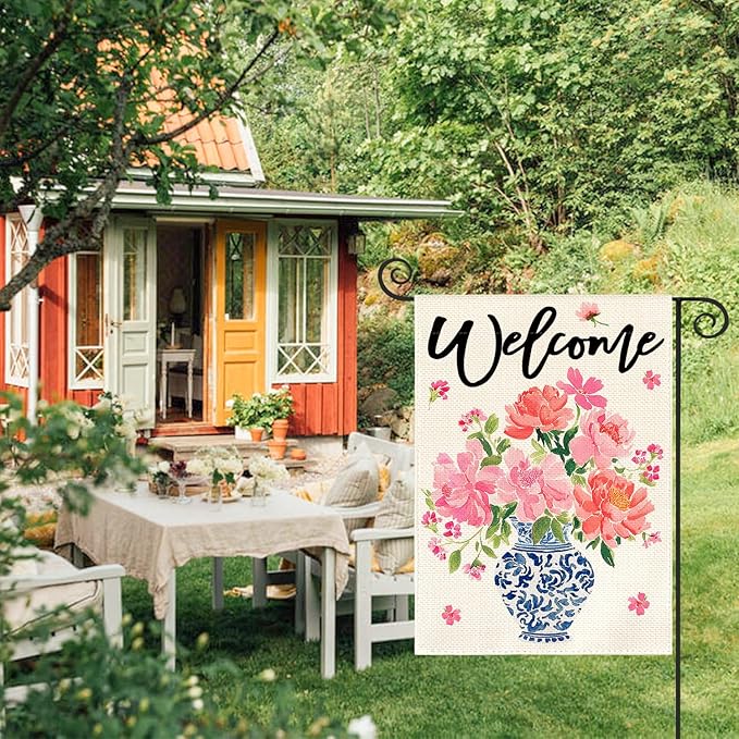 AVOIN colorlife Pink Peony Spring Floral Garden Flag 12x18 Inch Double Sided Outside, Blue and White Chinoiserie Seasonal Welcome Yard Outdoor Flag