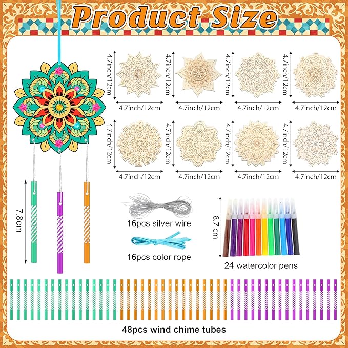 Amyhill 16 Sets Mandala Wind Chimes Craft Kit Make Your Own Mandala Wind Chime DIY Unfinished Wood Hanging Ornaments Coloring Painting Craft Kits for Gifts Adult Party Birthday Activity Home Decor