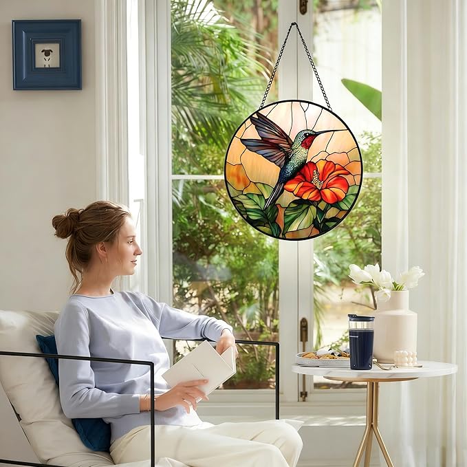9.8In Hummingbird Stained Glass Window Hanging, Large Stained Glass Suncatcher for Indoor Home Decor, Vibrant Bird & Flower Window Suncatcher Ornament for Garden, Ideal Gift for Women Mom Bird Lovers