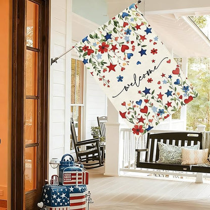 Baccessor Patriotic 4th of July House Flag 28x40 Inch Double Sided Burlap,Memorial Day Welcome American Red and Blue Flower Large Flag Summer Holiday Porch Patio Seasonal Outdoor Outside Decoration