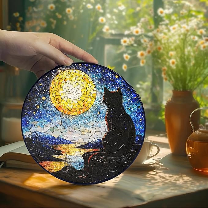 Black Cat Stained Glass Suncatcher Window Hanging Decor for Garden, Starry Night Cat Suncatcher Window Panel, Gifts for Cats Lovers, Memorial Gifts for Pet Loss, Sympathy Gift for Outdoor Decorations