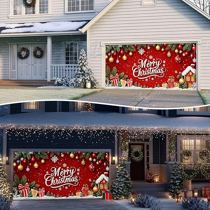 IVN Christmas Garage Door Cover Decoration 13x6ft Red Background Pine Garland Gifts and Gold Ornaments Merry Christmas Winter Garage Door Banner Home Door Front Yard Decor for Xmas Eve Holiday Outdoor