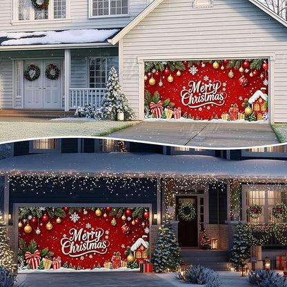 IVN Christmas Garage Door Cover Decoration 13x6ft Red Background Pine Garland Gifts and Gold Ornaments Merry Christmas Winter Garage Door Banner Home Door Front Yard Decor for Xmas Eve Holiday Outdoor