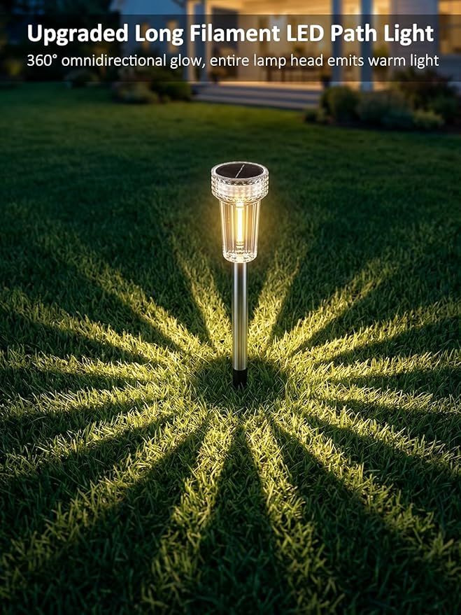 DERAYSION Solar Lights Outdoor, 8 Pack Solar Pathway Lights Dusk-to-Dawn Garden Lighting, Waterproof LED Stainless Steel Pole, Outdoor Solar Lights for Path Walkway Yard Driveway Decor - Warm White