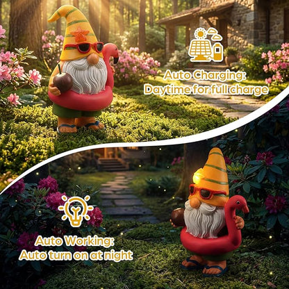 Lavezee Garden Gnome Statue Outdoor Decor, Solar Gnomes with Flamingo Figurine for Garden, Patio, Yard Decor, Summer Pool Party