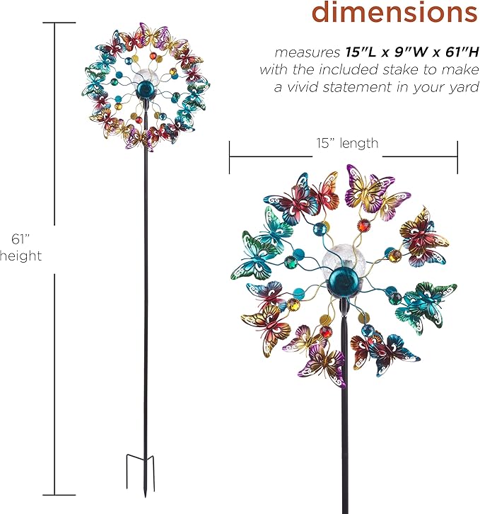 Alpine Corporation 60" Tall Outdoor Solar Metal Butterfly Wind Spinners with Color Changing LED Lights, Garden Decor, Multicolor