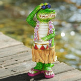 TOLIMI Hawaiian Alligator Garden Statue with LED Floral Garland - Fun Tropical Outdoor Decor, Resin Crocodile Figurine in Hula Skirt for Yard, Patio, or Home