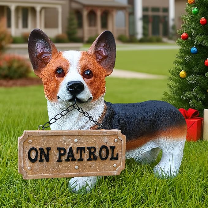 Red & White Corgi Pathway Greeter with Solar Lantern & Reversible Sign, Standing Corgi Statue for Doorway, Patio Rail, Balcony & Yard