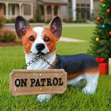 Red & White Corgi Pathway Greeter with Solar Lantern & Reversible Sign, Standing Corgi Statue for Doorway, Patio Rail, Balcony & Yard