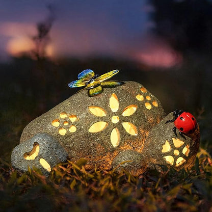Butterfly Garden Statues Butterfly on Stone Statue with Solar LED Lights for Porch Patio Lawn Yard Art Decoration Christmas Birthday Gardening Gifts for Mom Women