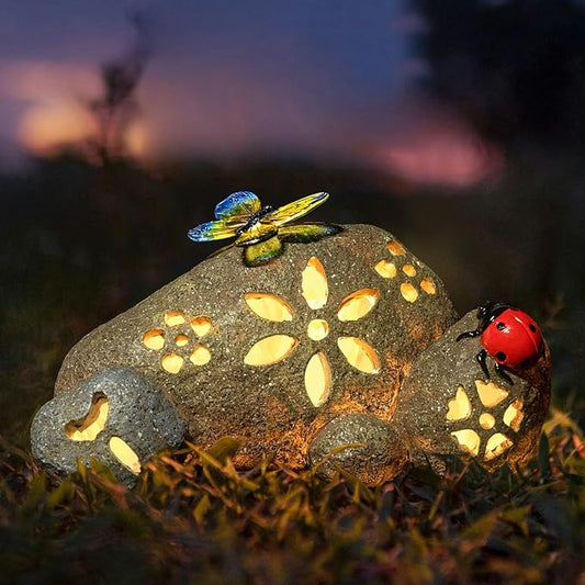 Butterfly Garden Statues Butterfly on Stone Statue with Solar LED Lights for Porch Patio Lawn Yard Art Decoration Christmas Birthday Gardening Gifts for Mom Women