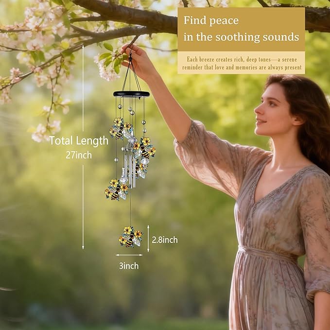 HDCRYSTALGIFTS 27'' Bees Flowers Wind Chimes for Outside Memorial Gifts for Loss of Loved One Mom Dad, Sympathy Chimes Outdoor Garden Patio Home Decor